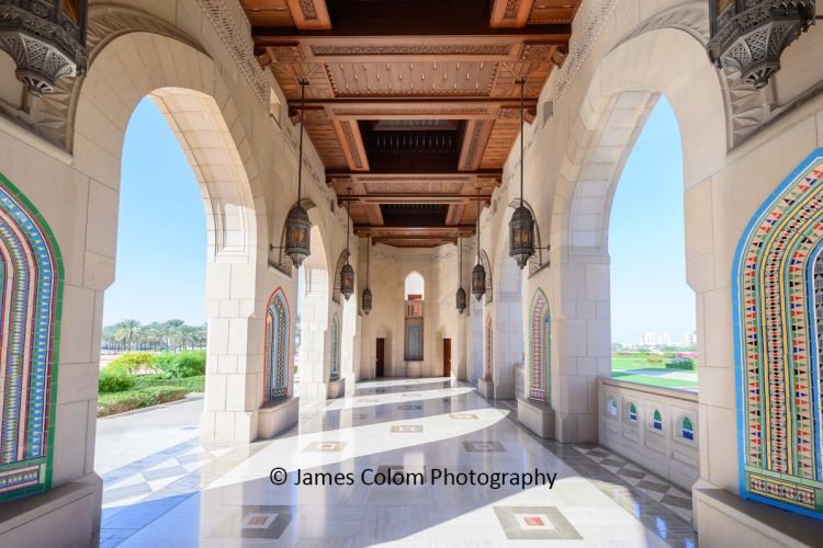 Artistic hallway at the Sultan Qaboos Grand Mosque in Muscat, Oman