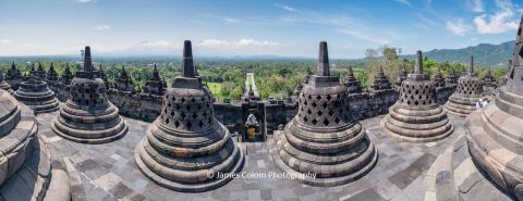View looking East from top of Borobodur Buddhist Temple, Java, Indonesia