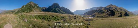 Panorama near Pkhelshe overlooking Terek River in Caucasus Mountains near Georgia Russia Border