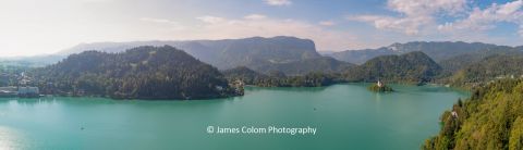 Panorama of Lake Bled including Assumption of Maria Church, as seen from Bled Castle, Slovenia