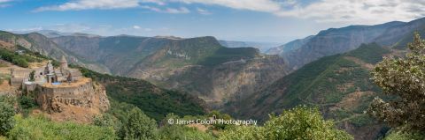 Panorama of Tatev Monastery and valley from Tatev Viewpoint, Armenia