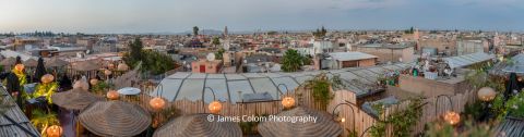 Dusk over the Medina from Le Grand Bazar restaurant, Marrakech, Morocco, Africa